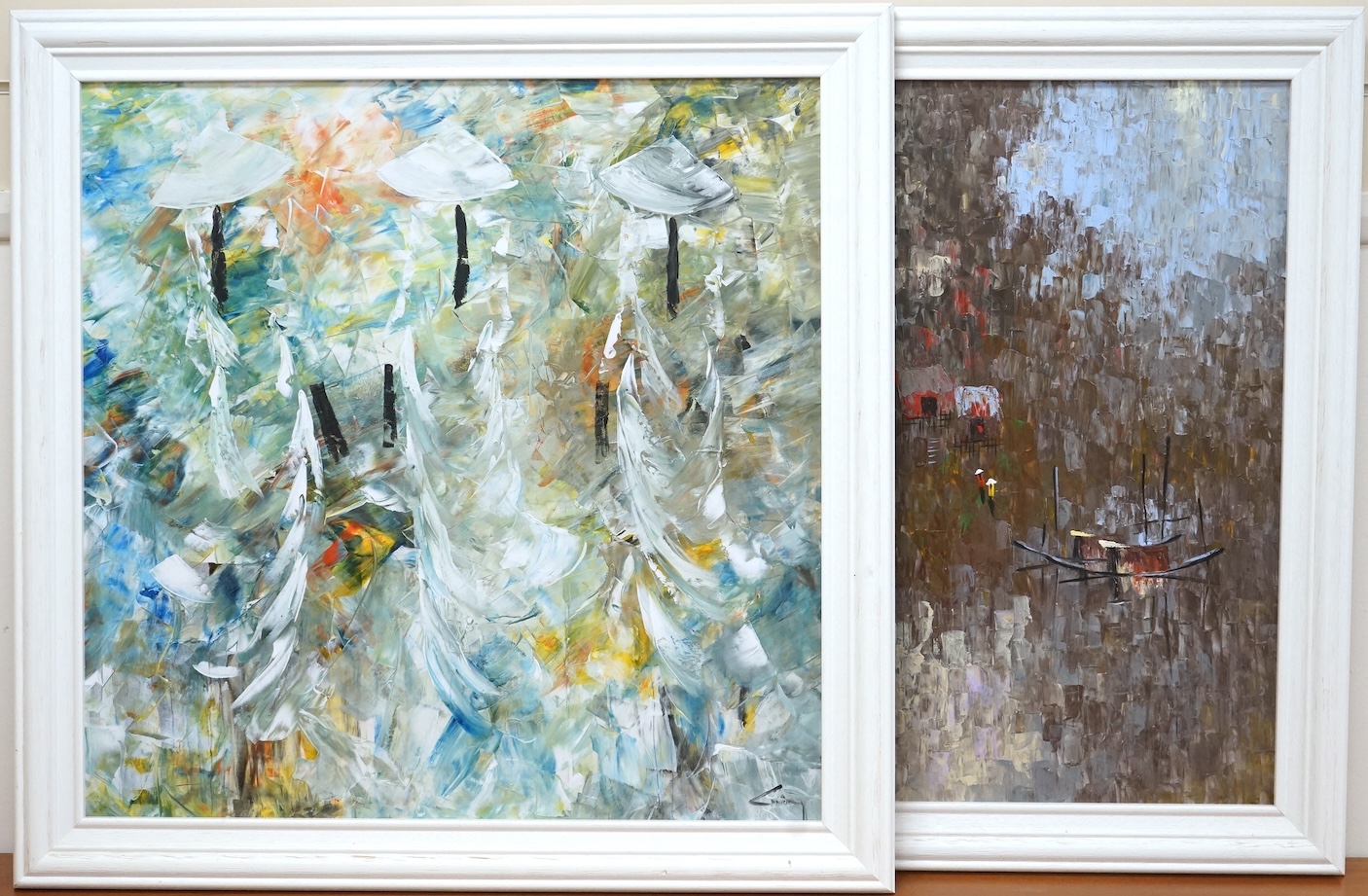 A pair of Contemporary prints on canvas, Chinese junks and figures, each indistinctly signed, 65 x 65cm